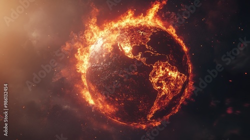 A fiery globe symbolizes the planet's destruction due to global warming and the need for environmental action.