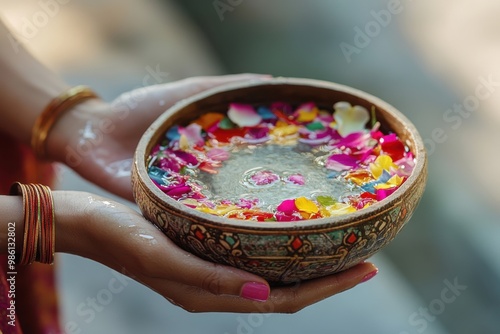 Woman holding bowl with flower petals, traditional Indian costume, cinematic lighting