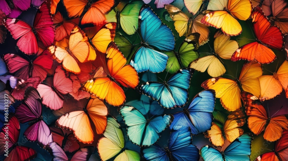 Close up view of a colorful array of butterfly wings, displaying a variety of patterns and colors. Close up view of a colorful array of butterfly wings, displaying a variety of patterns and colors.