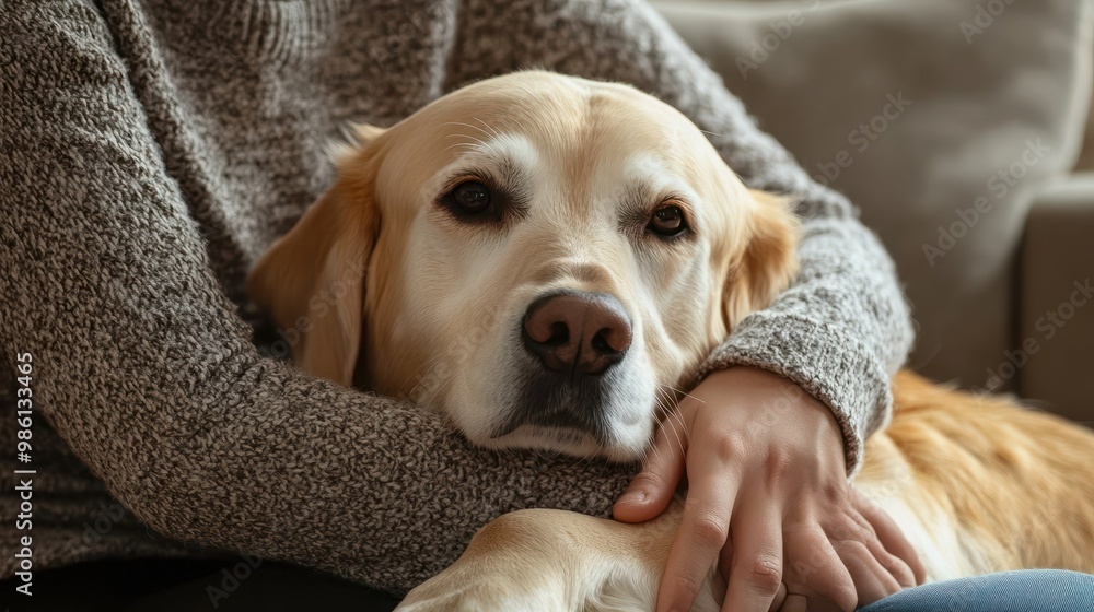 Obraz premium A therapy dog comforting a person with a disability during a therapy session illustrating the emotional support the animal offers in a professional setting Stock Photo with copy space
