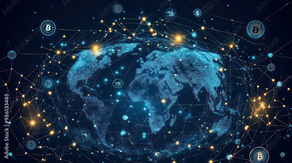 Global cryptocurrency network with glowing lines and Bitcoin symbols. Global cryptocurrency network with glowing lines and Bitcoin symbols.