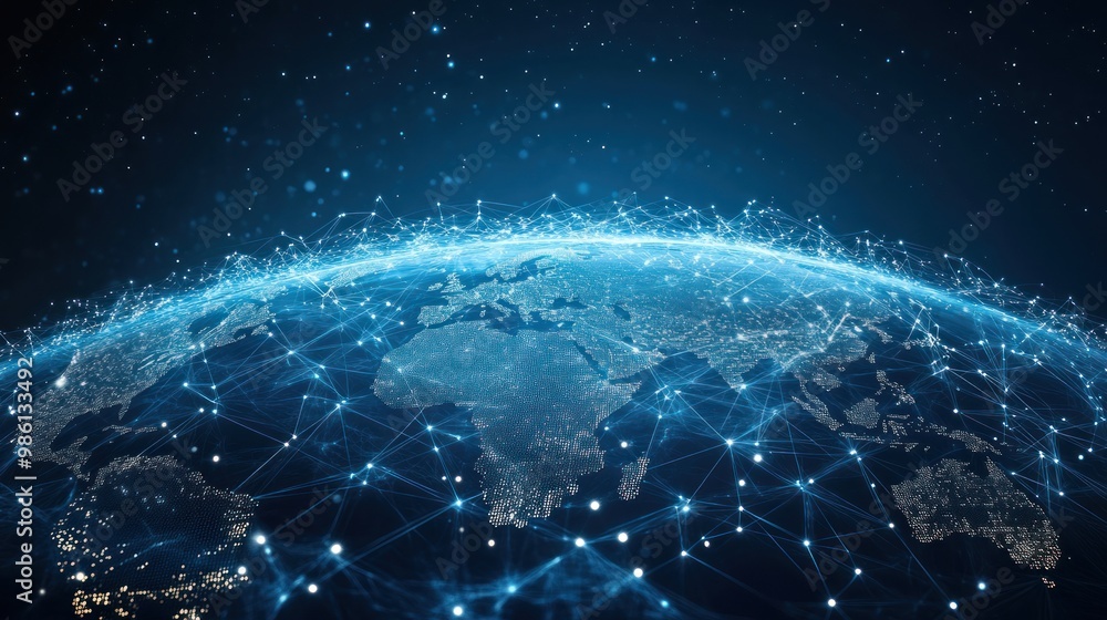 Obraz premium Abstract digital world map with glowing lines representing global network connection.