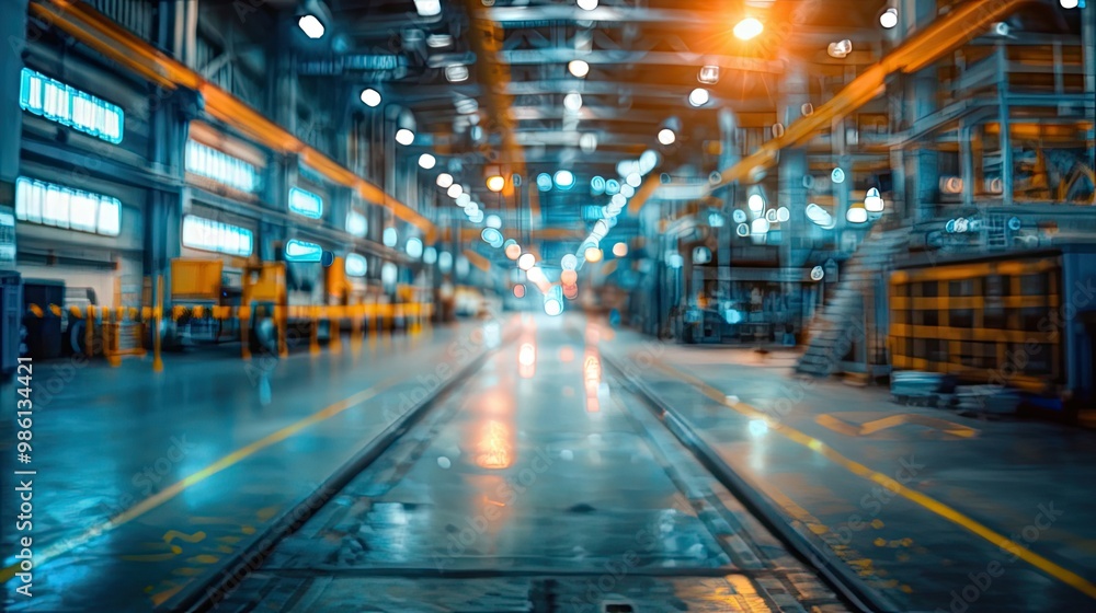 Blurred manufacturing facility with assembly lines and industrial equipment Blurred manufacturing facility with assembly lines and industrial equipment