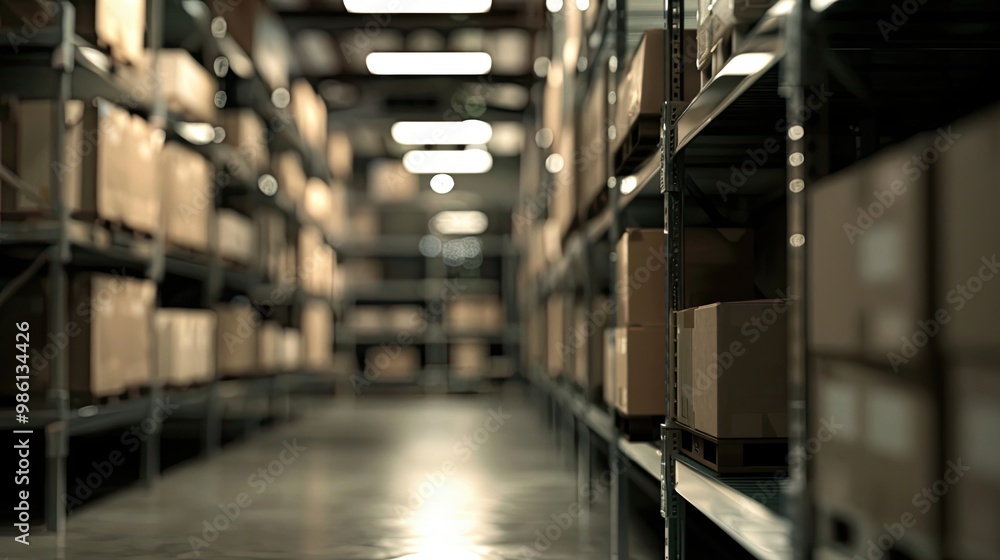 Industrial storage room with blurred boxes and shelves clean background Industrial storage room with blurred boxes and shelves clean background