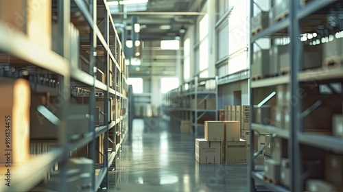 Blurry industrial storage room with metal shelving and boxes clean backdrop