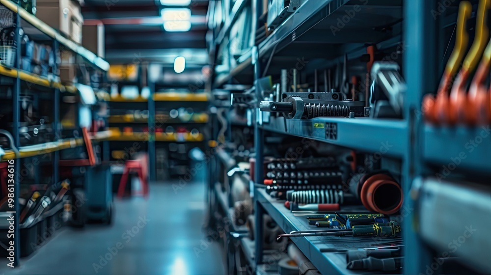 Blurred industrial storage area with shelves of tools and parts soft wallpaper Blurred industrial storage area with shelves of tools and parts soft wallpaper