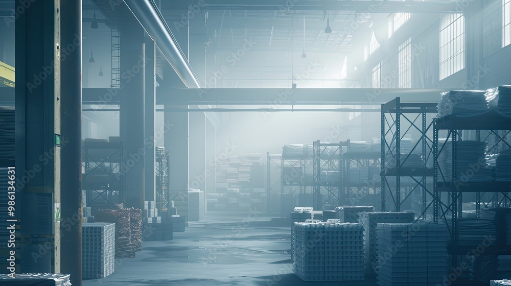Fototapeta premium Blurred industrial storage facility with shelving units and soft diffused light