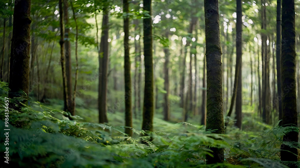 Fototapeta premium Blurred bokeh of a lush, green forest