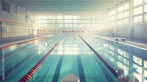 Hazy wallpaper of a large swimming pool with empty lanes and diffused background light