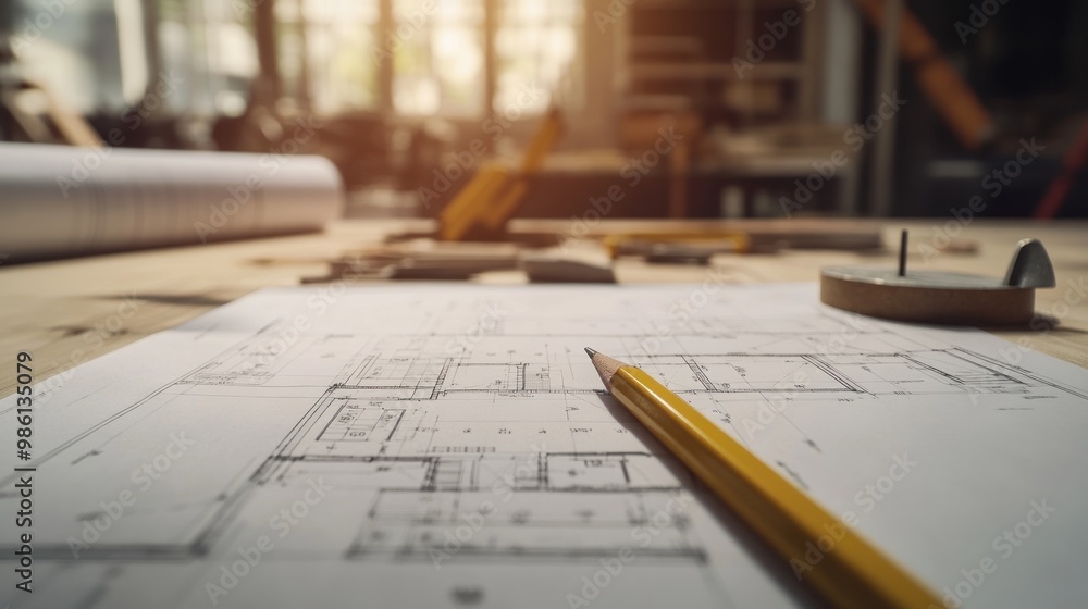 A workspace featuring architectural blueprints and drafting tools for design projects. A workspace featuring architectural blueprints and drafting tools for design projects.