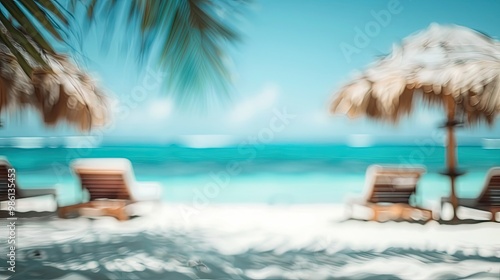 Wallpaper Mural Blurred wallpaper of a summer beach resort featuring cabanas ocean and blue sky Torontodigital.ca