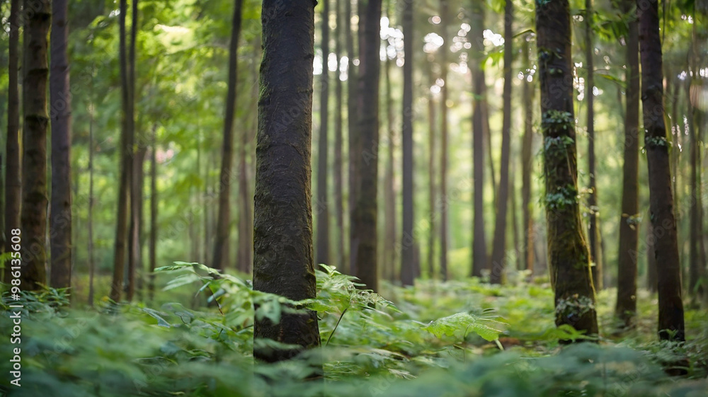 Obraz premium Blurred bokeh of a lush, green forest