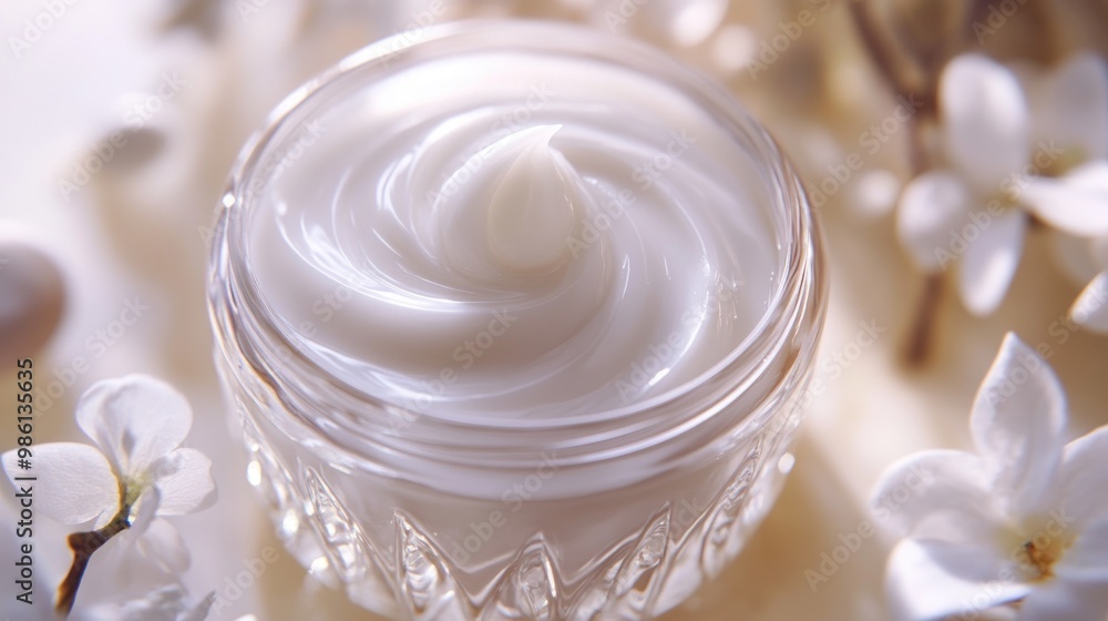 A creamy moisturizer in a glass jar surrounded by delicate flowers. A creamy moisturizer in a glass jar surrounded by delicate flowers.