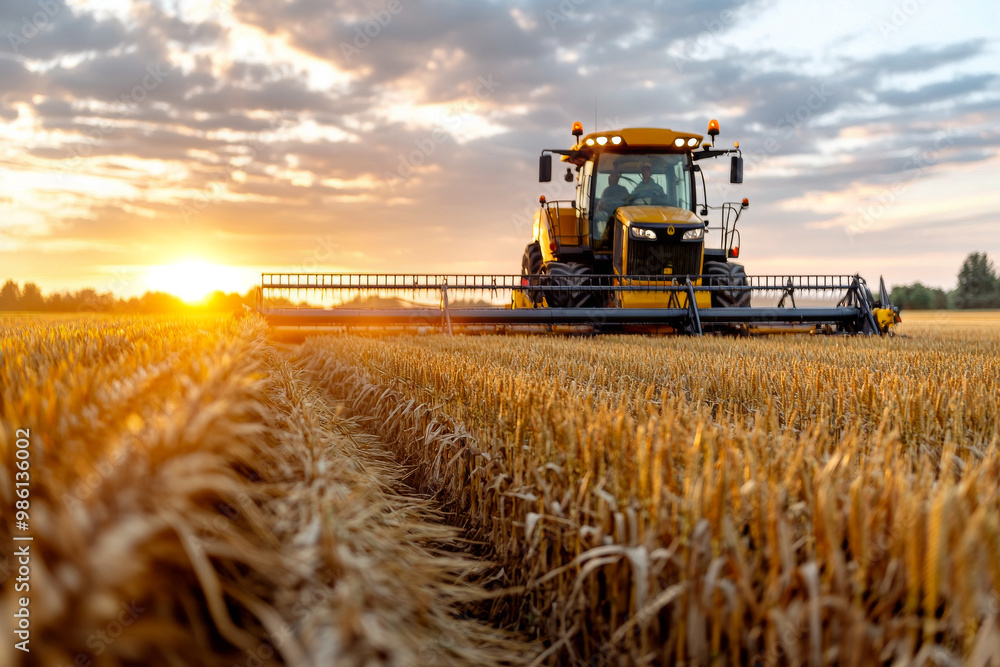 Obraz premium A combine harvester working through a golden wheat field during sunset