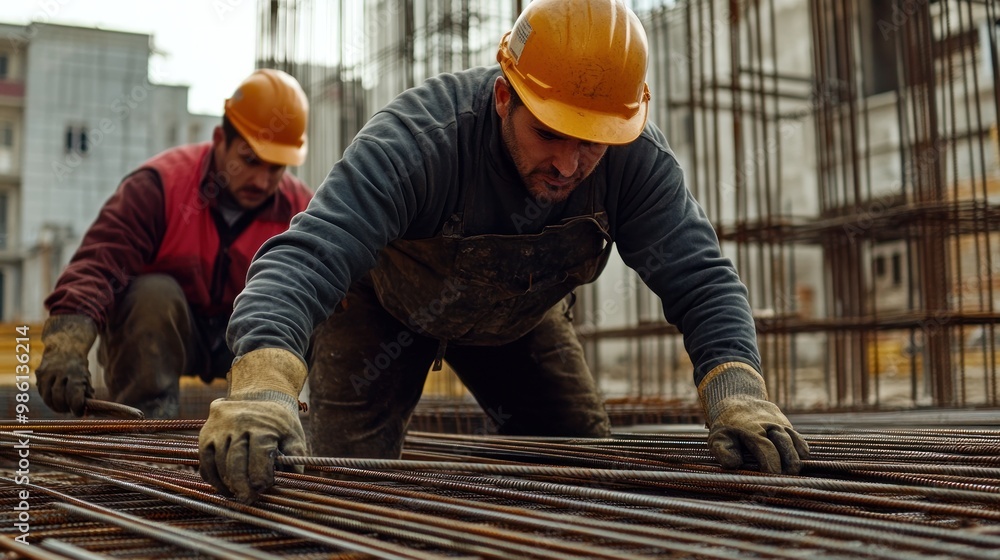 Two construction workers in hard hats work on a rebar grid. Two construction workers in hard hats work on a rebar grid.