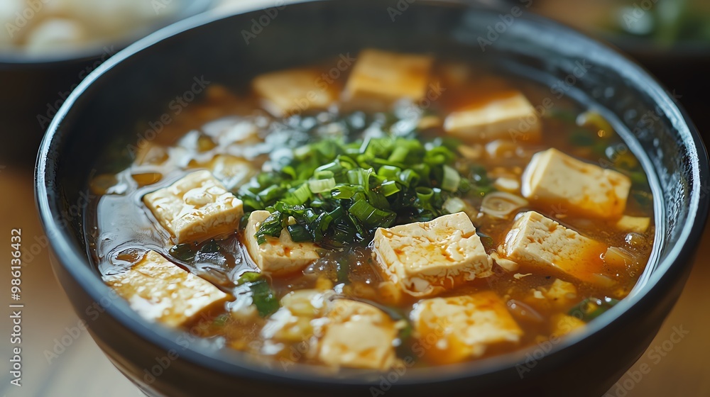 The gentle flavor of vegetarian tofu soup is enhanced with ingredients like soy sauce, ginger, and garlic The gentle flavor of vegetarian tofu soup is enhanced with ingredients like soy sauce, ginger, and garlic