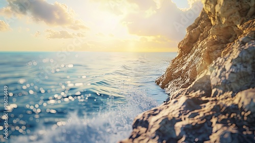 Softened coastal cliffs with blurred rocks and ocean for a bright summer backdrop