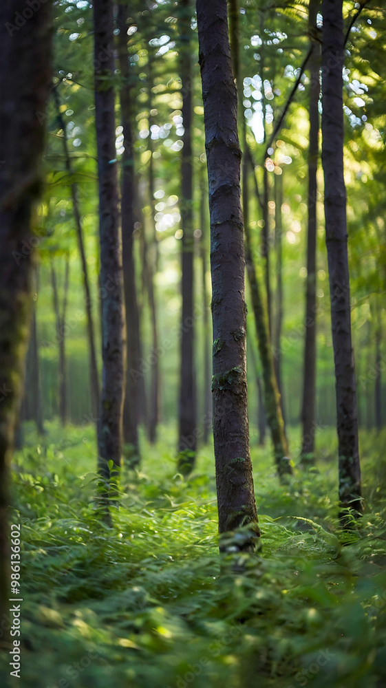 Obraz premium Blurred bokeh of a lush, green forest