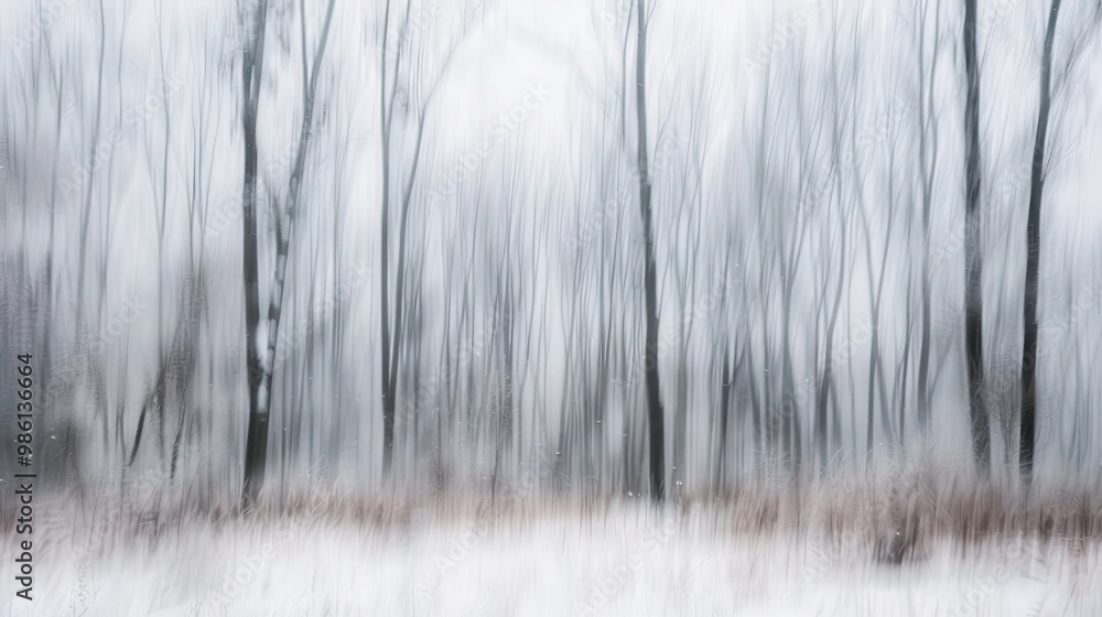 Softened snowy trees in winter forest with blurred underbrush and pale sky Softened snowy trees in winter forest with blurred underbrush and pale sky