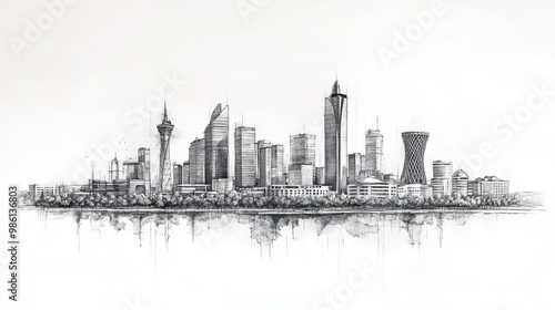 Astana, Kazakhstan, black and white pen pencil hand-drawn effect drawing illustration for travel poster, card, wallpaper, backdrop or banner. Modern, clear, artistic and simple photo