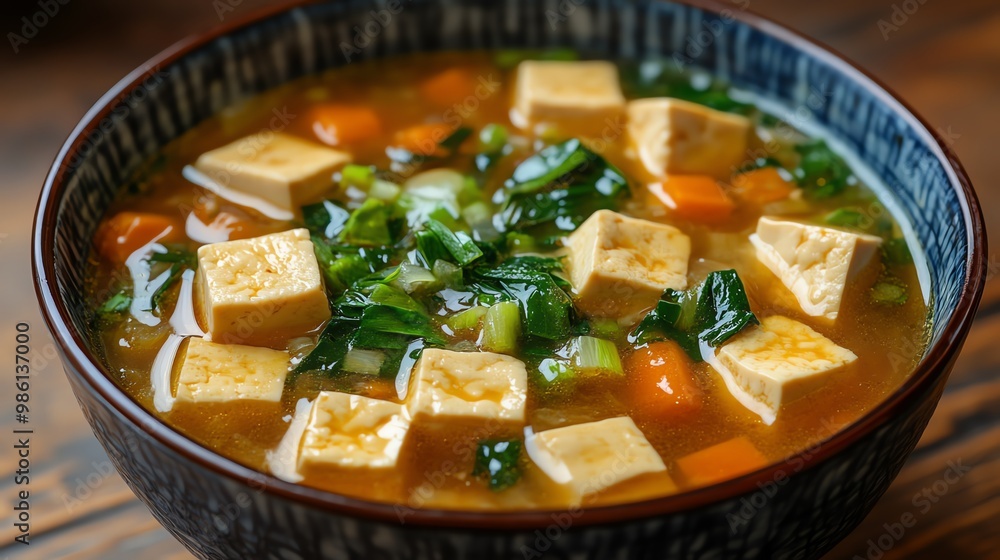 The soft texture of the tofu in vegetarian tofu soup complements the tender vegetables, creating a comforting dish The soft texture of the tofu in vegetarian tofu soup complements the tender vegetables, creating a comforting dish