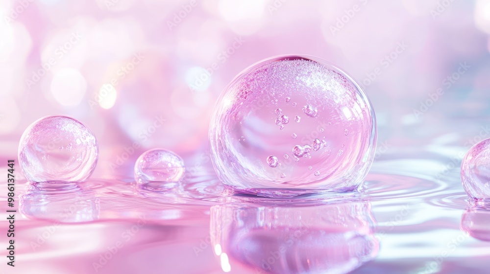 Closeup of a large clear glass sphere with smaller glass spheres on a pink iridescent surface. Closeup of a large clear glass sphere with smaller glass spheres on a pink iridescent surface.