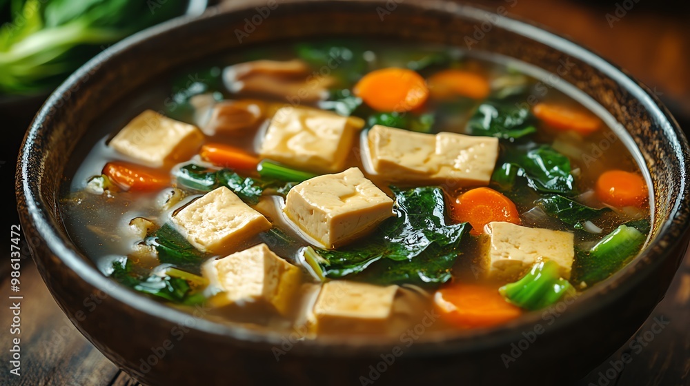 Vegetables such as carrots, mushrooms, and bok choy are commonly added to vegetarian tofu soup for a balanced, wholesome meal Vegetables such as carrots, mushrooms, and bok choy are commonly added to vegetarian tofu soup for a balanced, wholesome meal