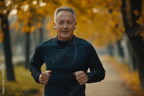 A elderly man is jogging in the park, wearing earphones and black sportswear. He has gray hair and smiles at the camera, with background features autumn trees and roads.