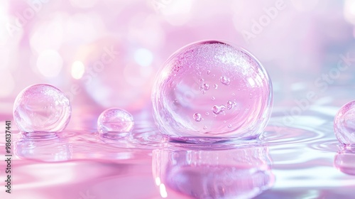 Closeup of a large clear glass sphere with smaller glass spheres on a pink iridescent surface.