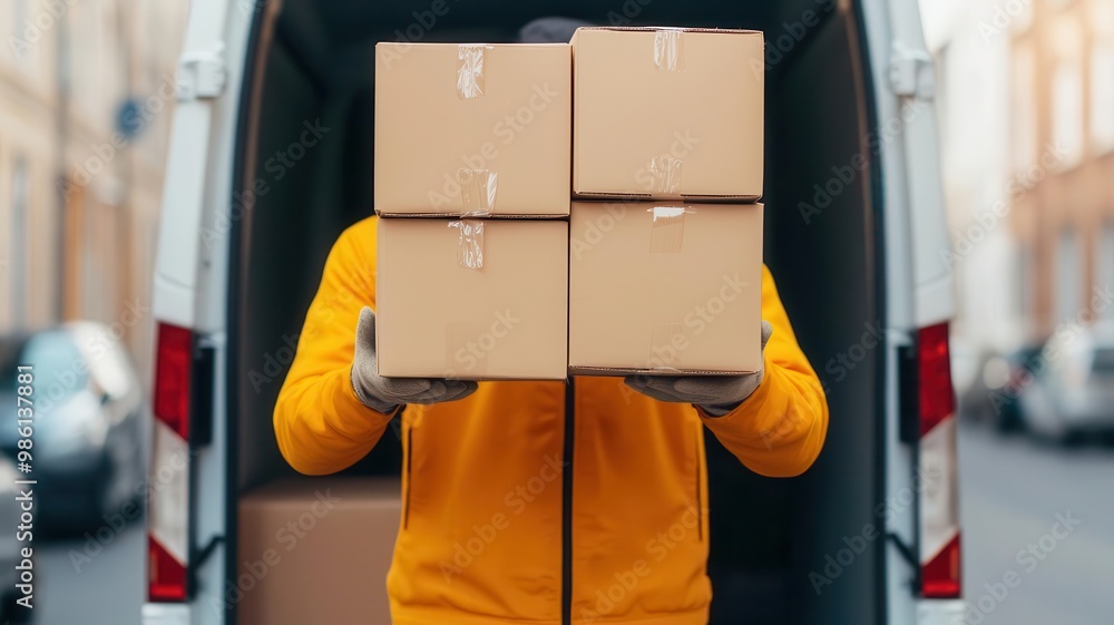 Creative shot of a delivery driver loading boxes into the back of a van, symbolizing the start of the day s delivery route Loading van, Delivery route Creative shot of a delivery driver loading boxes into the back of a van, symbolizing the start of the day s delivery route Loading van, Delivery route