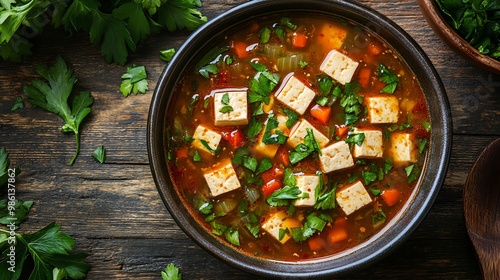 Vegetarian tofu soup is a light and nutritious brothbased dish made with soft tofu and fresh vegetables photo