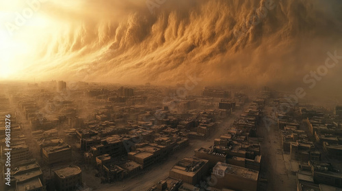 A city under siege from a massive dust storm, with visibility reduced to near zero and buildings obscured by the thick cloud of dust, highlighting the overwhelming force of the disaster. photo