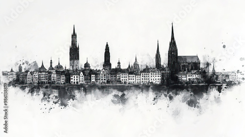 Augsburg, Germany, black and white pen pencil hand-drawn effect drawing illustration for travel poster, card, wallpaper, backdrop or banner. Modern, clear, artistic and simple