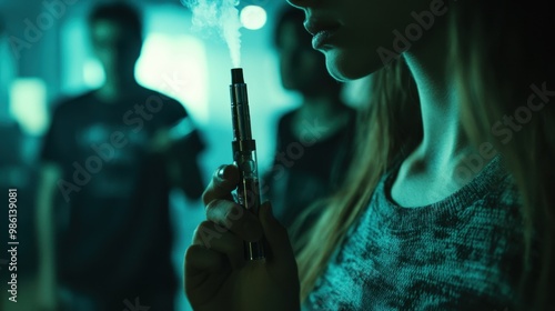 Young woman is holding an electronic cigarette to her lips, exhaling a plume of vapor in a nightclub photo