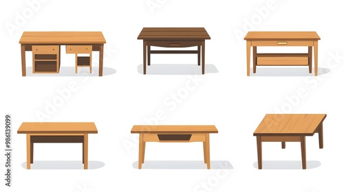 Set of vector illustrations of different wooden tables, desks, and cabinets isolated on a white background. Flat cartoon design.