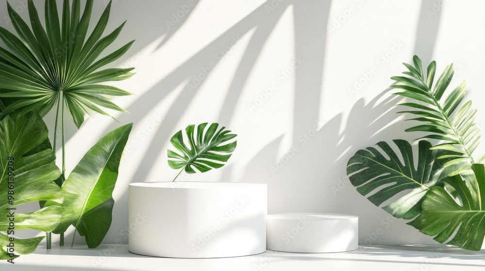 Two White Cylindrical Platforms with Tropical Leaves. Two White Cylindrical Platforms with Tropical Leaves.