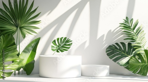 Two White Cylindrical Platforms with Tropical Leaves.