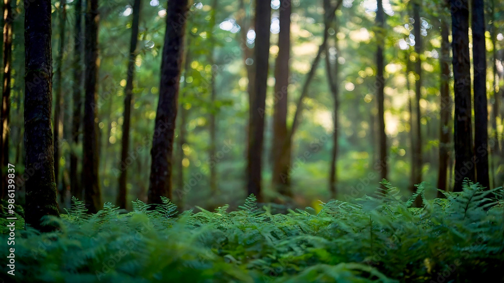 Obraz premium Blurred bokeh of a lush, green forest