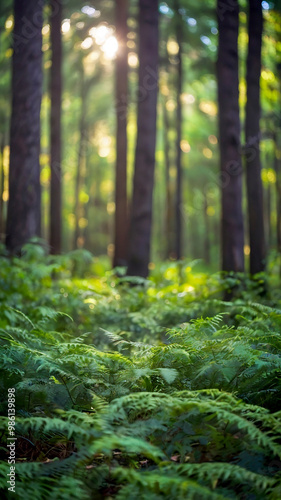 Blurred bokeh of a lush, green forest