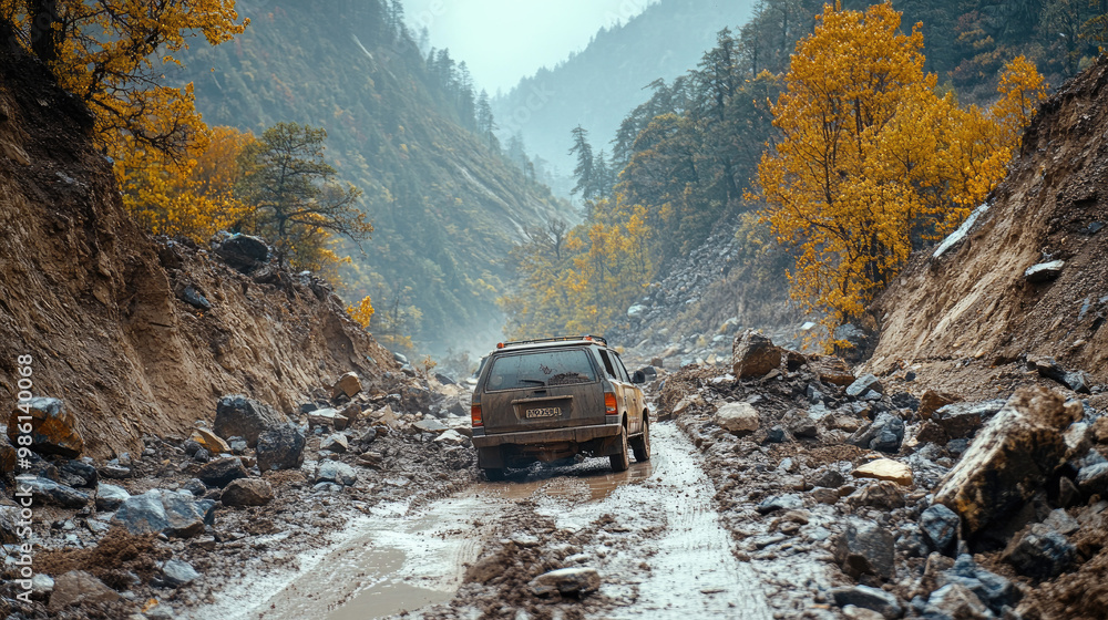 A landslide blocking a mountain road, with rocks and debris piled high, trapping vehicles and cutting off access, highlighting the danger posed by natural disasters in mountainous regions.