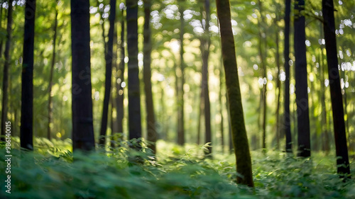 Blurred bokeh of a lush, green forest