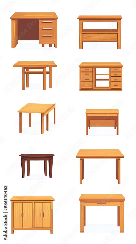 Set of vector illustrations of different wooden tables, desks, and cabinets isolated on a white background. Flat cartoon design. Set of vector illustrations of different wooden tables, desks, and cabinets isolated on a white background. Flat cartoon design.