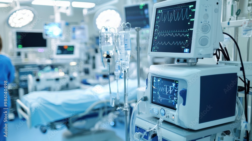 Advanced medical equipment being set up in a hospital room by professionals preparing for surgery Advanced medical equipment being set up in a hospital room by professionals preparing for surgery