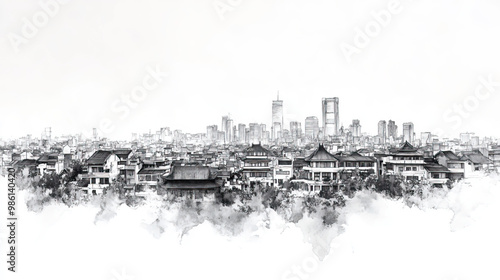 Bac Ninh, Vietnam, black and white pen pencil hand-drawn effect drawing illustration for travel poster, card, wallpaper, backdrop or banner. Modern, clear, artistic and simple