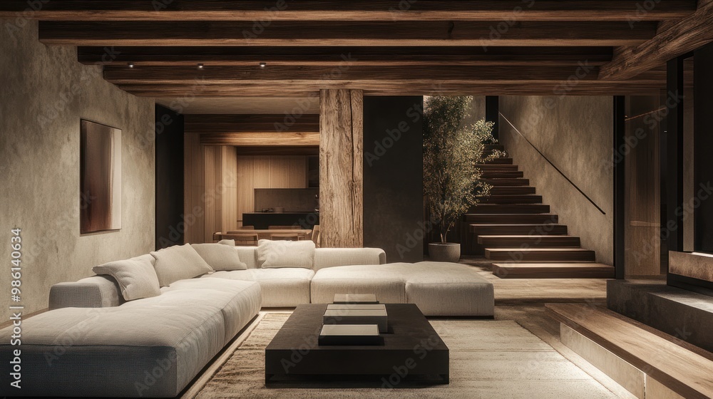 Modern living room with exposed beams, a large sectional sofa, and a coffee table. Modern living room with exposed beams, a large sectional sofa, and a coffee table.