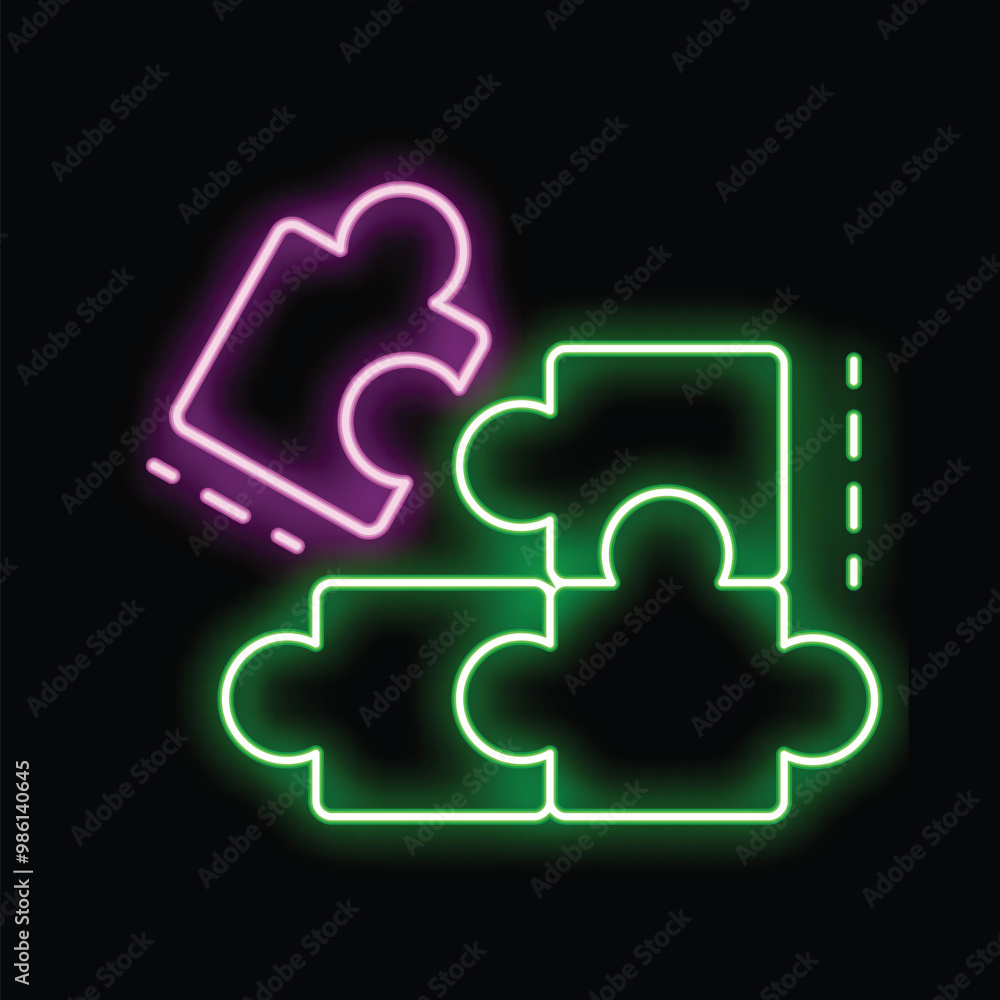 Glowing neon puzzle pieces coming together on a dark background representing problem solving Glowing neon puzzle pieces coming together on a dark background representing problem solving