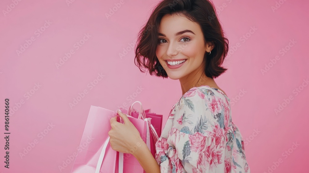 Beautiful smiling woman holding shopping bags posing on pink background isolated Beautiful smiling woman holding shopping bags posing on pink background isolated