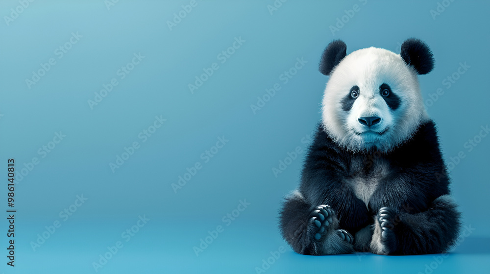 Obraz premium Adorable Panda Sitting Against a Blue Background, Capturing the Cuteness and Playfulness of This Beloved Endangered Animal, Symbolizing Wildlife Conservation and Nature’s Gentleness