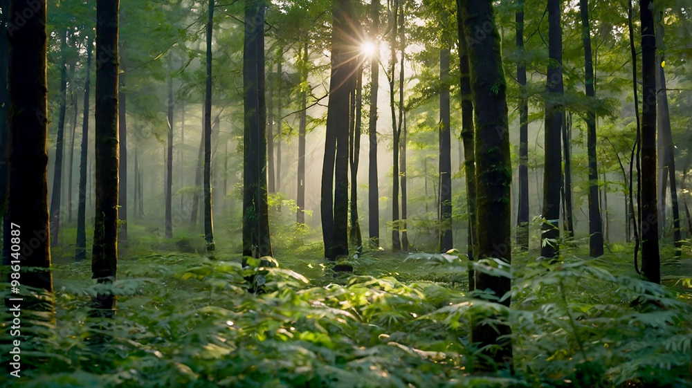 Obraz premium Blurred bokeh of a lush, green forest