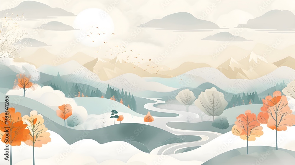Peaceful Nature Scene with River and Mountains – Vector Art Peaceful Nature Scene with River and Mountains – Vector Art